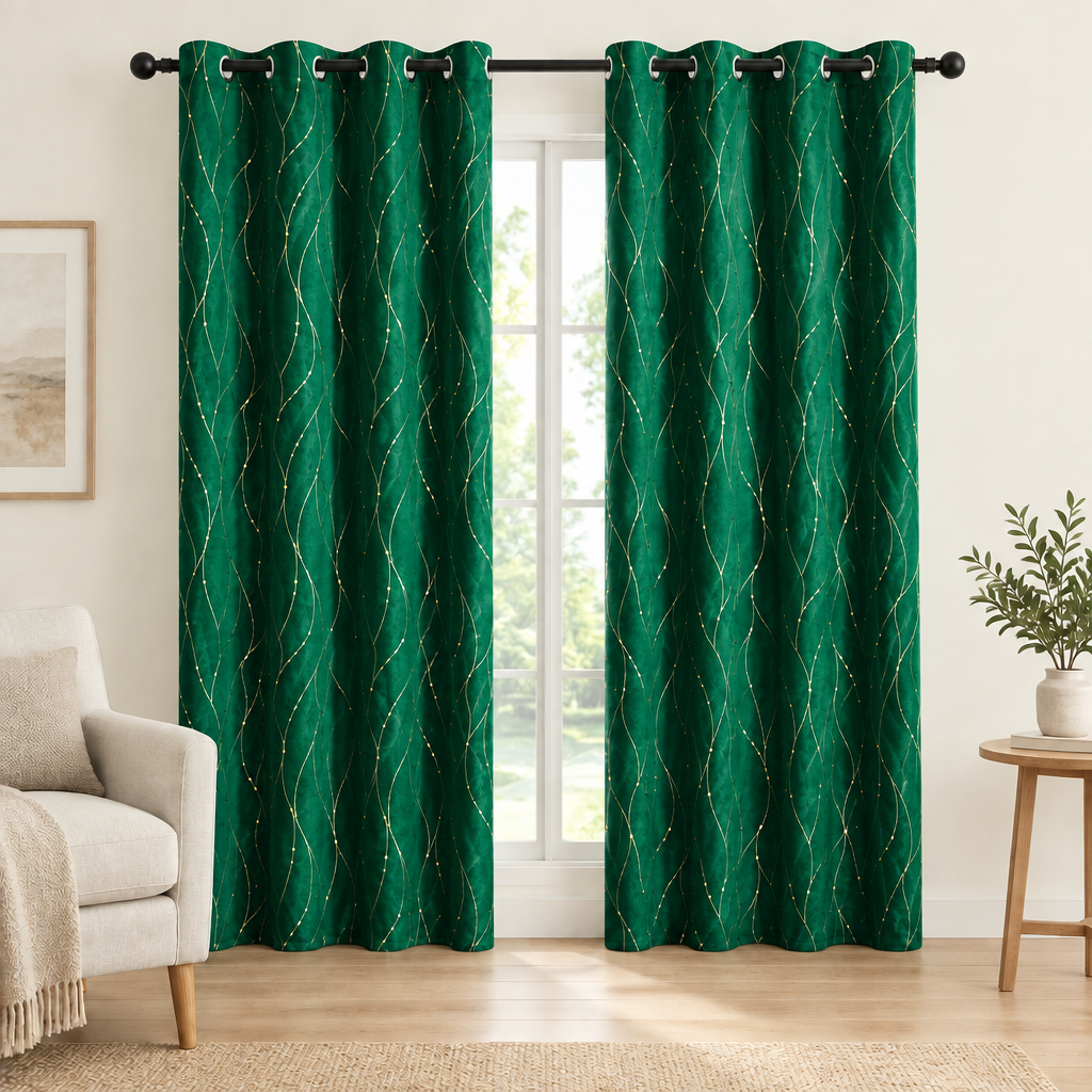 Gleam Chic Blackout Curtain in Emerald Swirl, two panels at a living room window