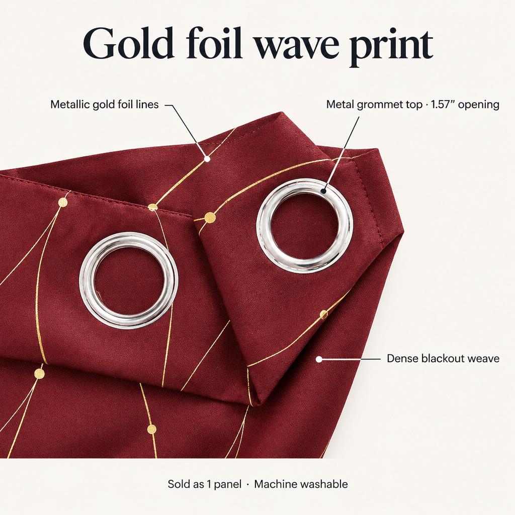 Gleam Chic Blackout Curtain features: gold foil wave print, metal grommet top with 1.57 inch opening, dense blackout weave