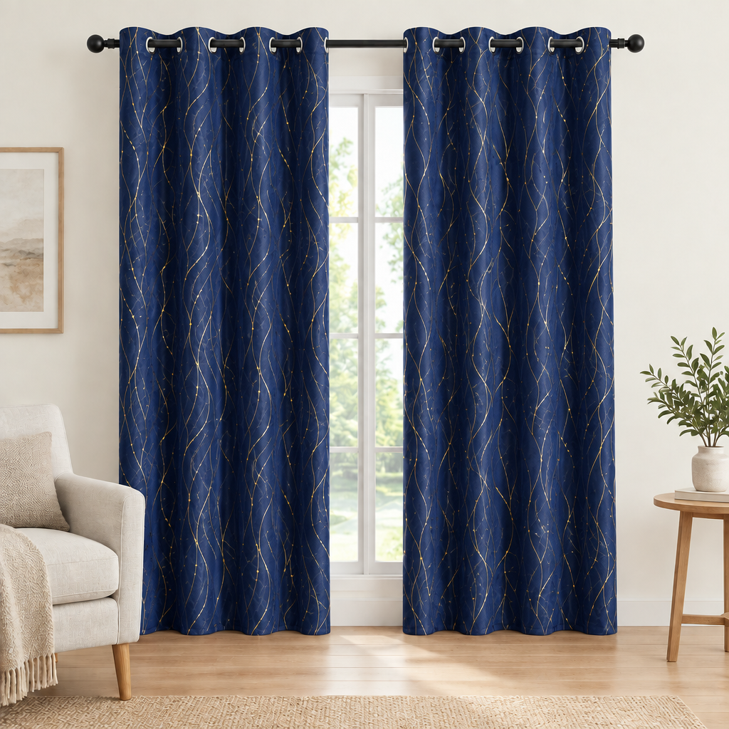 Gleam Chic Blackout Curtain in Midnight Drift, two panels at a living room window