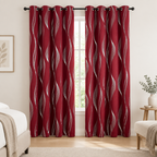 Modern Wave Pattern Blackout Curtain in Crimson Wave, two panels at a bedroom window