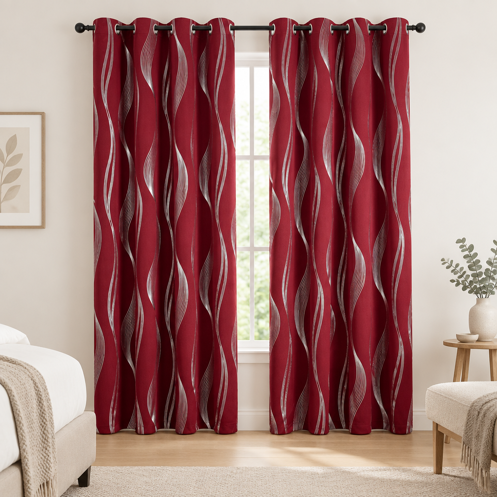 Modern Wave Pattern Blackout Curtain in Crimson Wave, two panels at a bedroom window