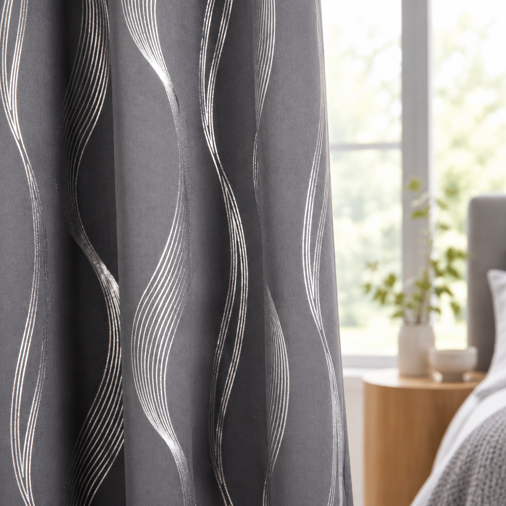 Modern Wave Pattern Blackout Curtain in Slate Wave, close-up of the silver wave print
