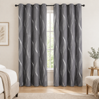 Modern Wave Pattern Blackout Curtain in Slate Wave, two panels at a bedroom window