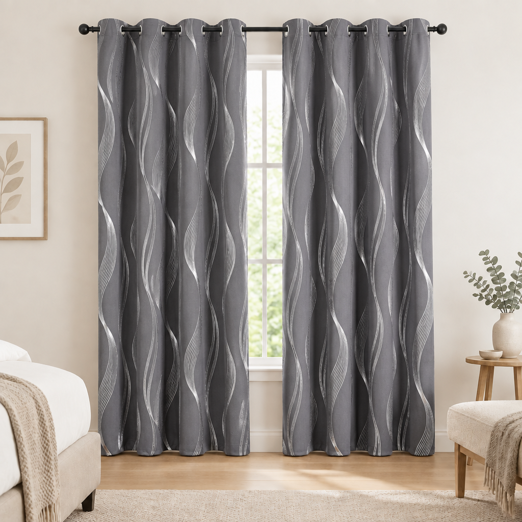 Modern Wave Pattern Blackout Curtain in Slate Wave, two panels at a bedroom window