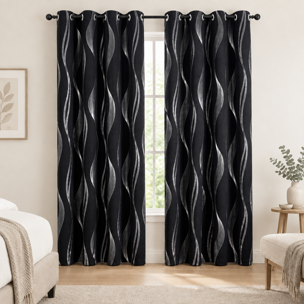 Modern Wave Pattern Blackout Curtain in Midnight Wave, two panels at a bedroom window