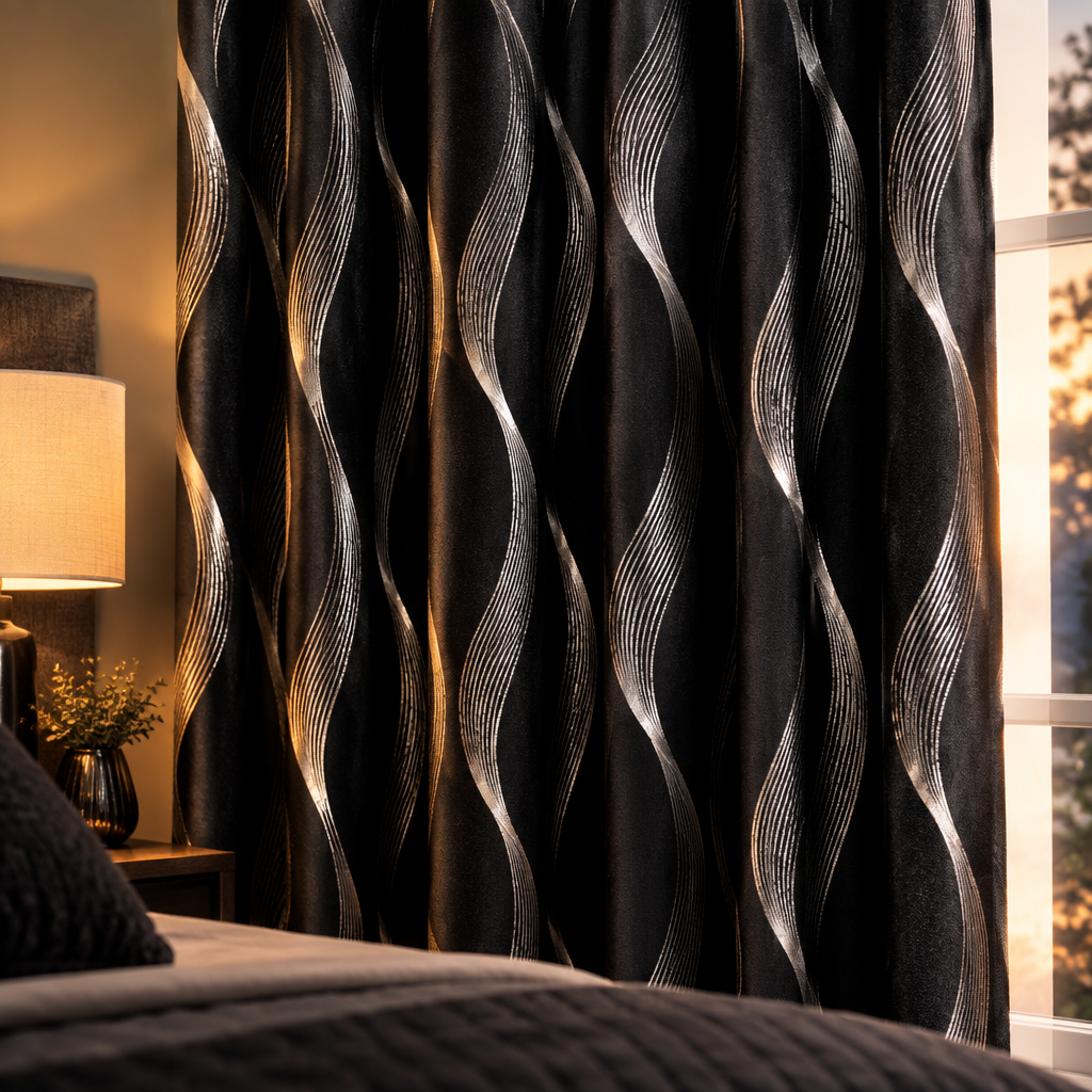 Modern Wave Pattern Blackout Curtain in Midnight Wave, close-up in evening light