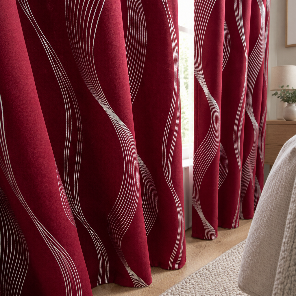 Modern Wave Pattern Blackout Curtain in Crimson Wave, close-up of the folds and silver wave print