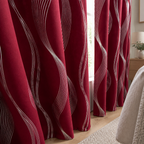 Modern Wave Pattern Blackout Curtain in Crimson Wave, close-up of the folds and silver wave print