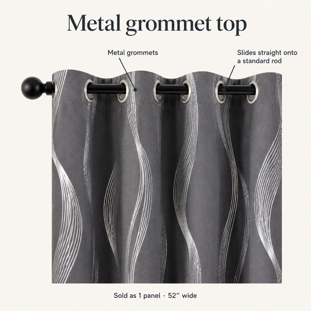 Modern Wave Pattern Blackout Curtain metal grommet top on a curtain rod, sold as 1 panel 52 inches wide
