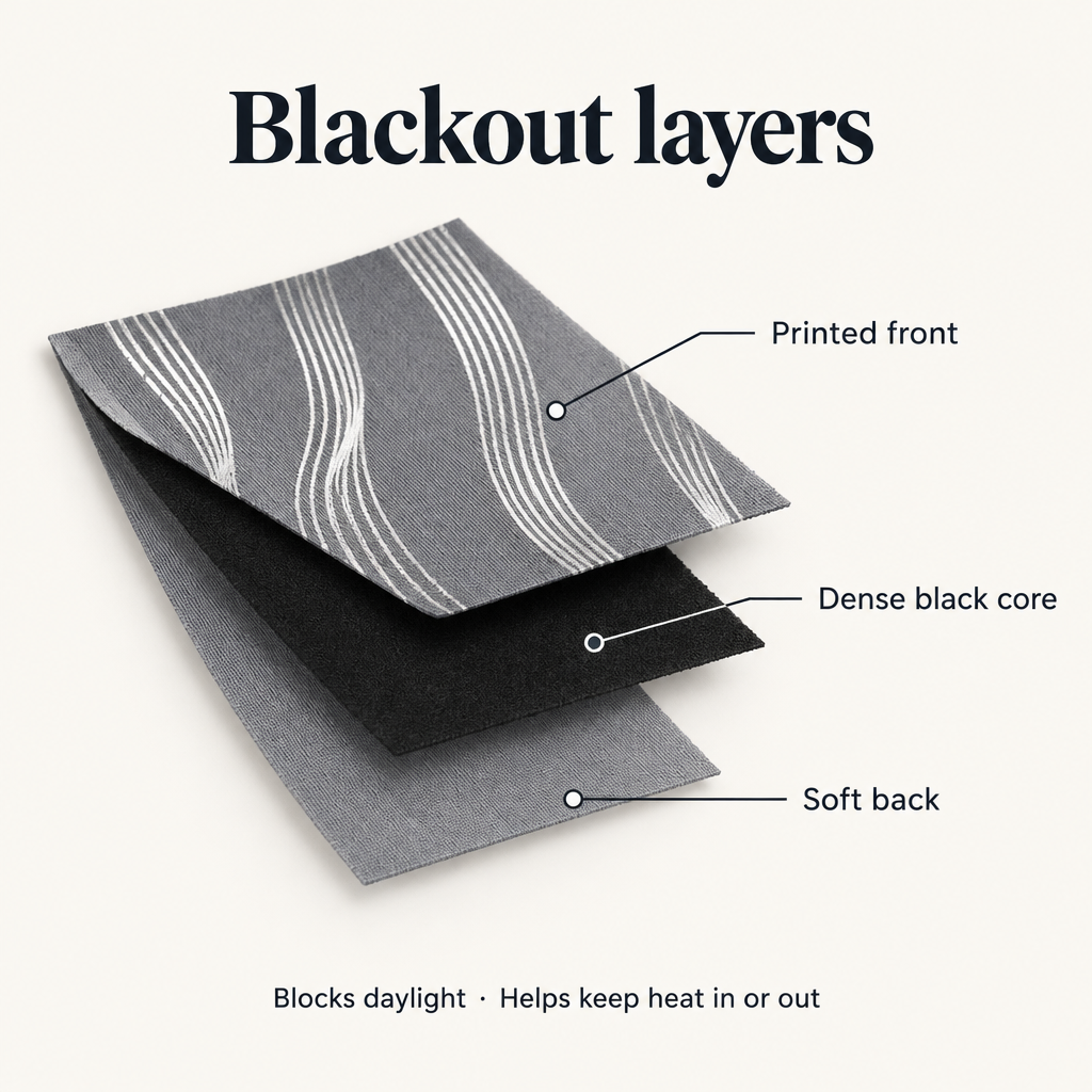 Modern Wave Pattern Blackout Curtain fabric layers: printed front, dense black core, soft back