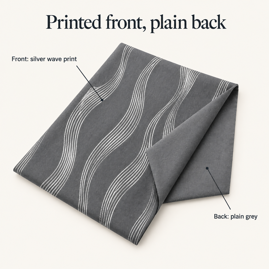 Modern Wave Pattern Blackout Curtain silver wave print on the front, plain grey back