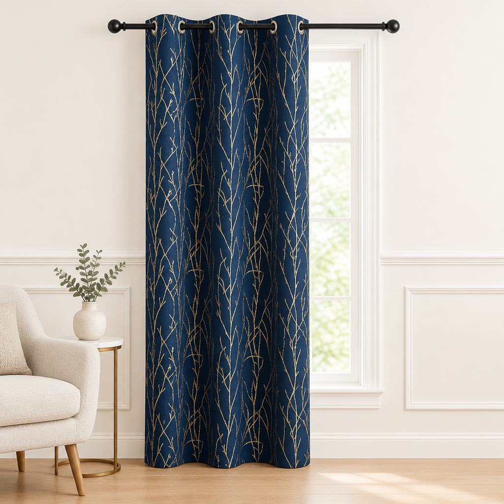 Whispering Forest Vein Blackout Curtain in Midnight Gold, one panel hung beside a window