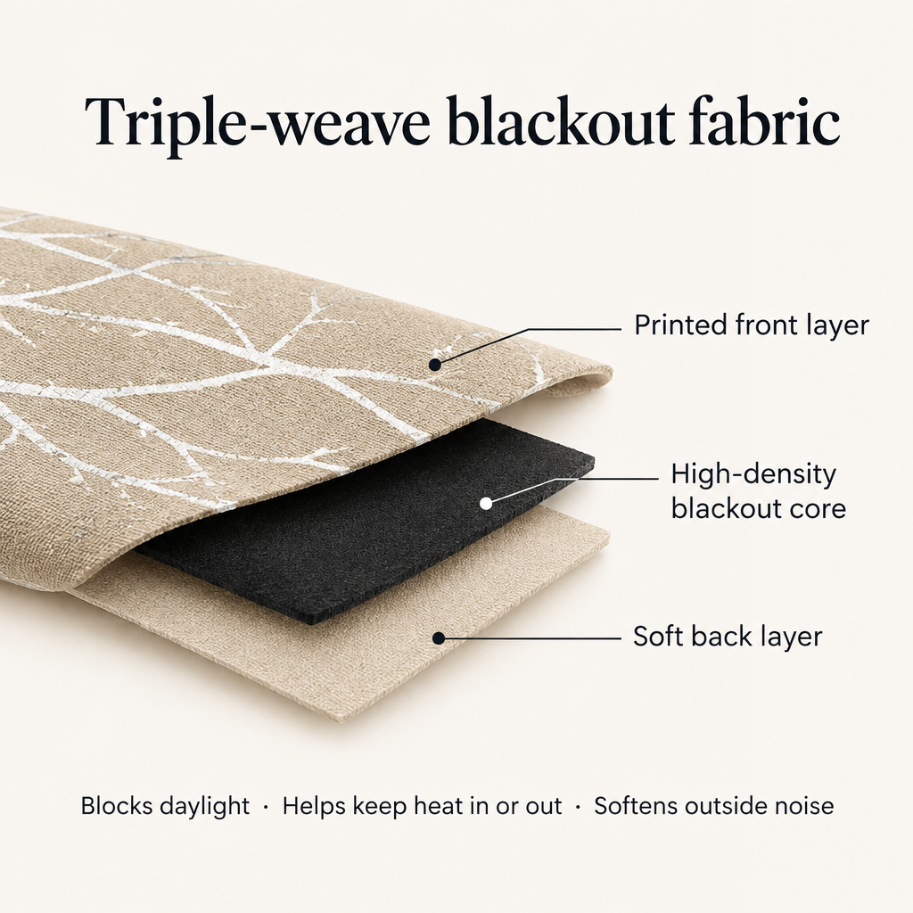 Whispering Forest Vein triple-weave blackout fabric: printed front layer, high-density blackout core, soft back layer
