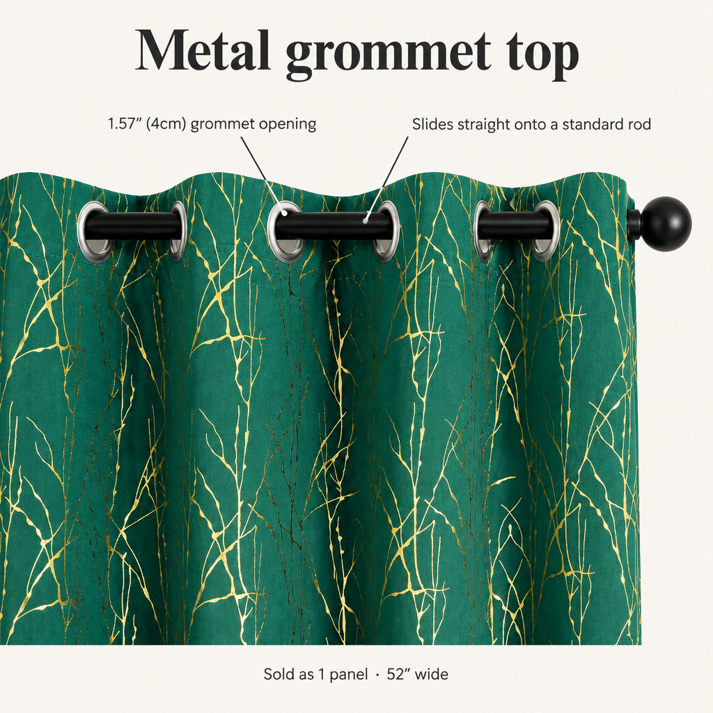 Whispering Forest Vein Blackout Curtain metal grommet top, 1.57 inch opening, sold as 1 panel 52 inches wide