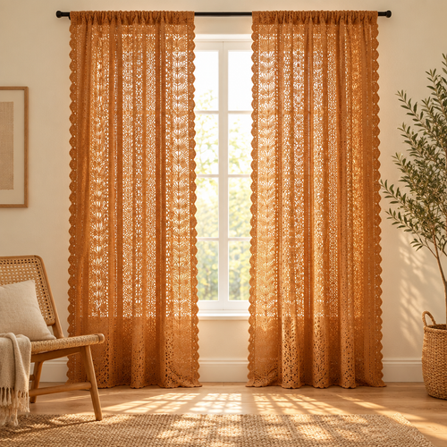 Amber Glow Boho Crochet Curtain, two panels at a window with sunlight filtering through the crochet
