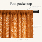 Amber Glow Boho Crochet Curtain rod pocket top, sold as 1 panel 59 inches wide in 8 lengths