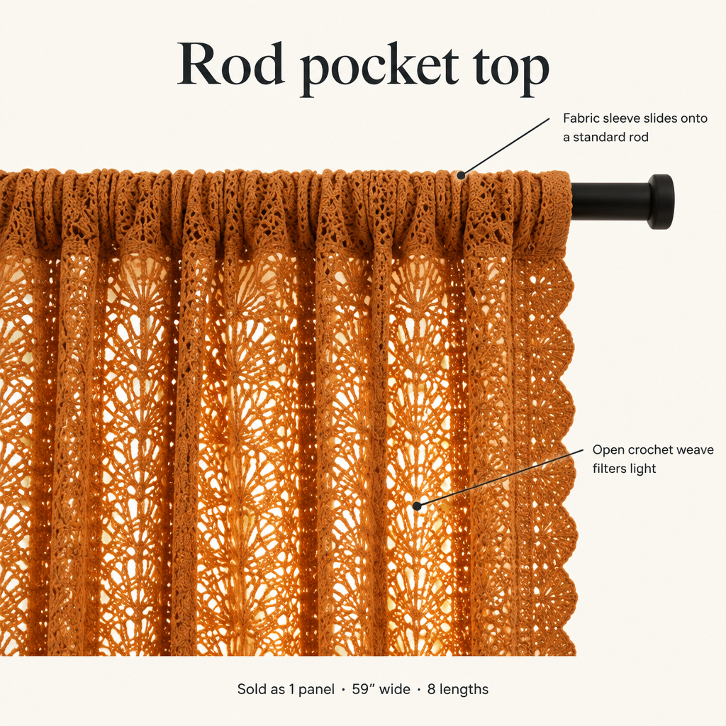 Amber Glow Boho Crochet Curtain rod pocket top, sold as 1 panel 59 inches wide in 8 lengths