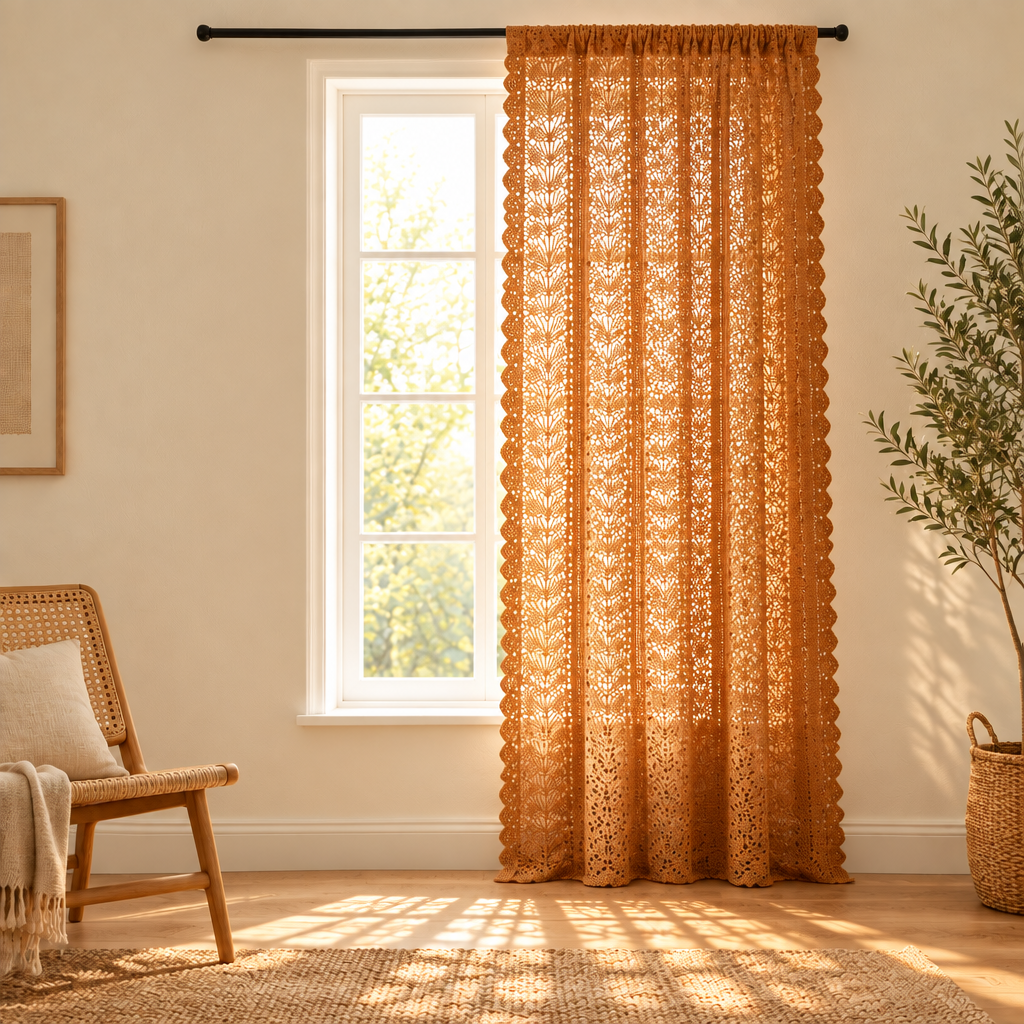 Amber Glow Boho Crochet Curtain, single panel on a narrow window