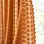 Amber Glow Boho Crochet Curtain close-up of the leaf-and-fan crochet with light shining through