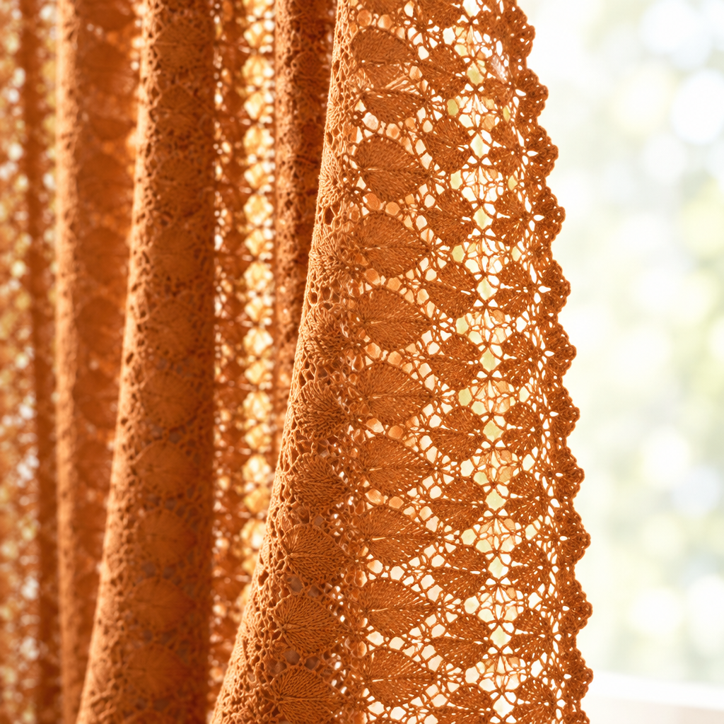 Amber Glow Boho Crochet Curtain close-up of the leaf-and-fan crochet with light shining through