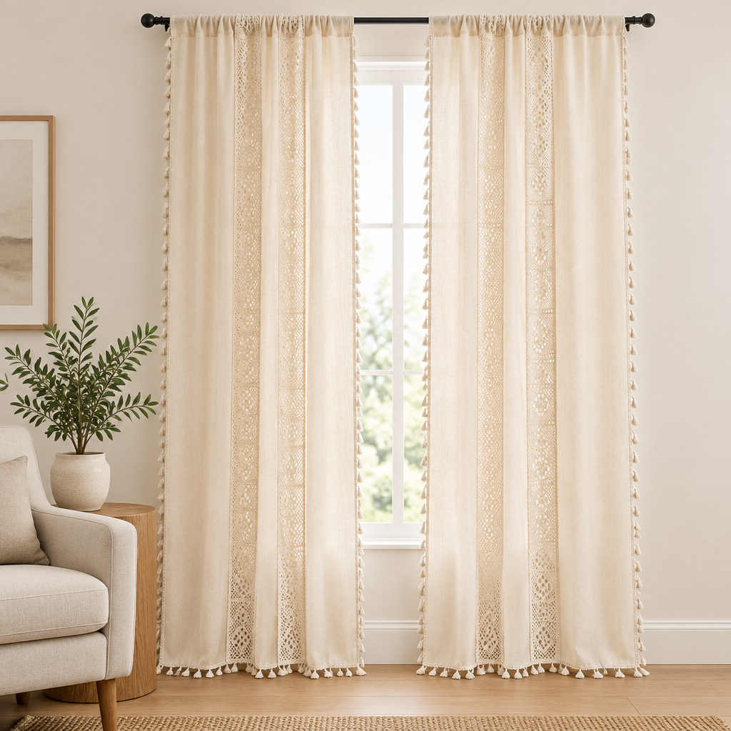 Boho Linen Curtain in natural cream with crochet lace strips and tassel trim, two panels hanging floor-length at a tall white window