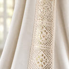 Boho Linen Curtain close-up of the openwork crochet lace strip on cream linen-look fabric