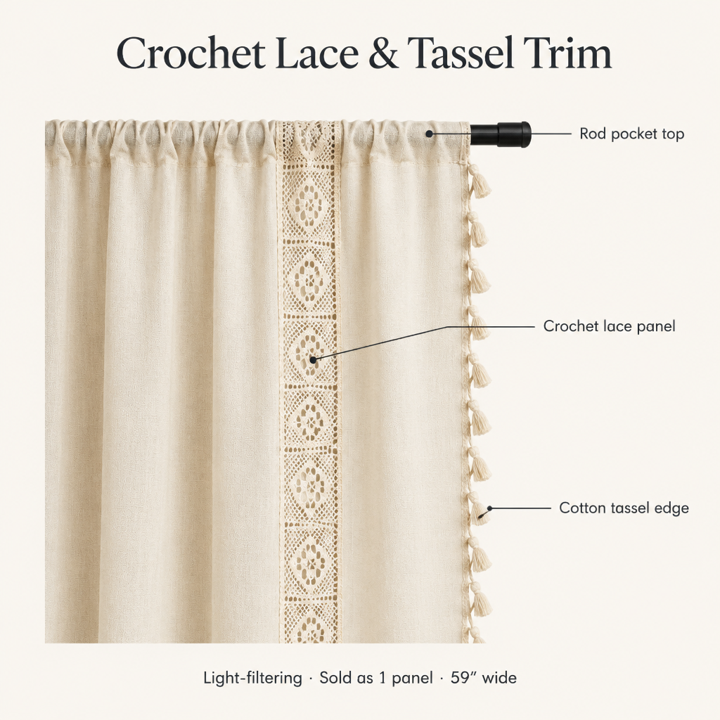 Boho Linen Curtain features: rod pocket top, crochet lace panel, cotton tassel edge, sold as 1 panel 59 inches wide