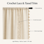 Boho Linen Curtain features: rod pocket top, crochet lace panel, cotton tassel edge, sold as 1 panel 59 inches wide
