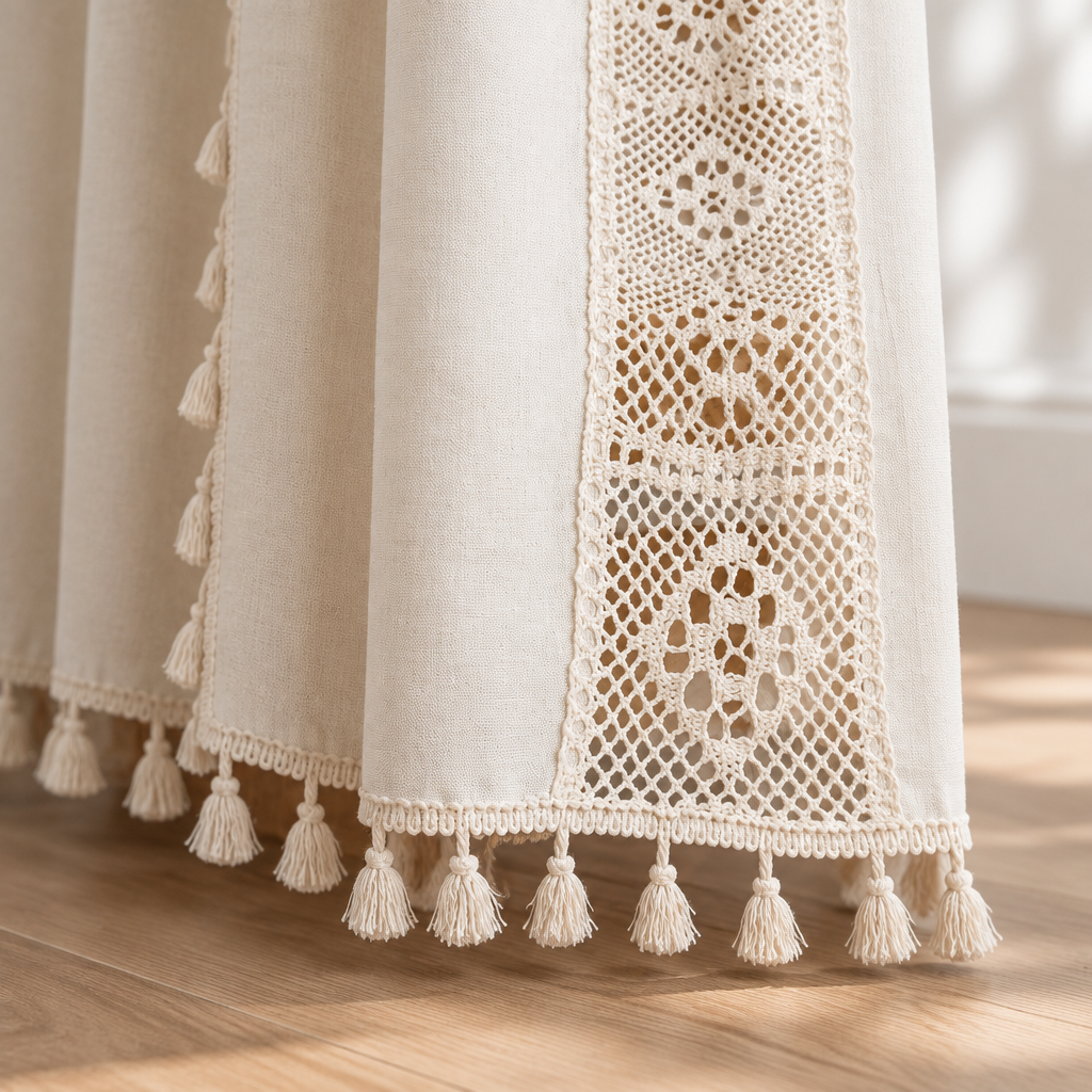 Boho Linen Curtain hem detail with cream cotton tassels and crochet lace above an oak floor