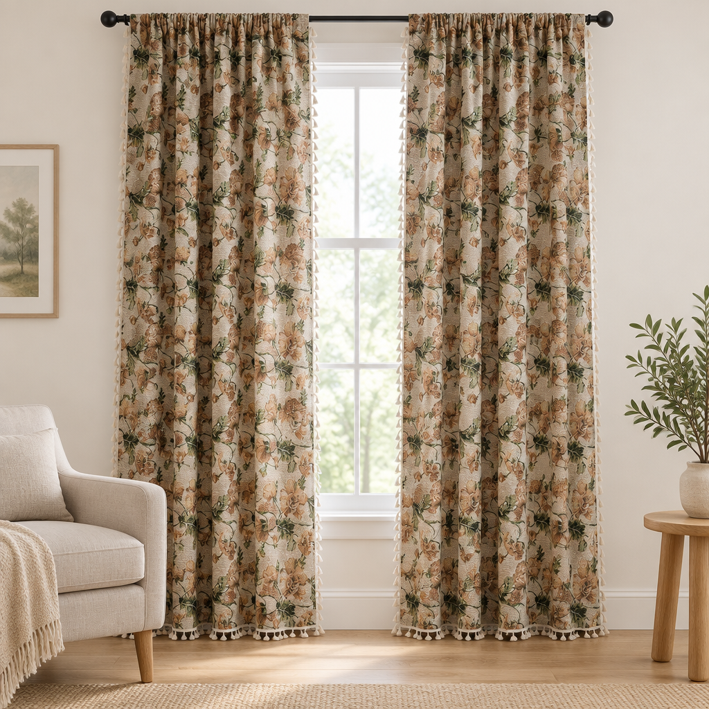 Wildflower Harmony Curtain in beige floral jacquard with tassel trim, two panels hanging floor-length at a tall window in a bright living room