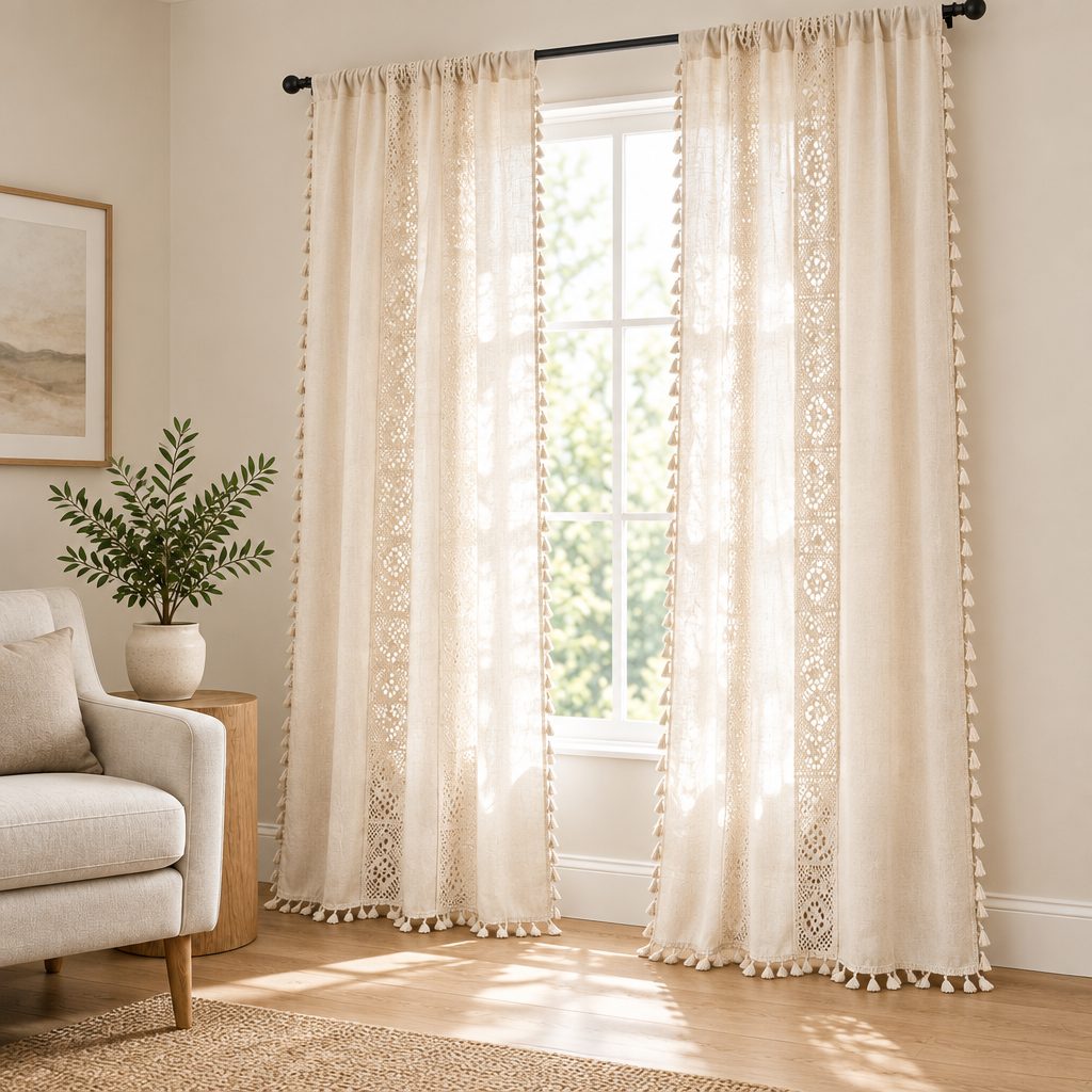 Boho Linen Curtain in natural cream filtering morning light in a bright living room, three-quarter view