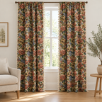 Heritage Rose Bloom Tassels Curtain in rose floral tapestry, two panels hanging full length at a tall white window