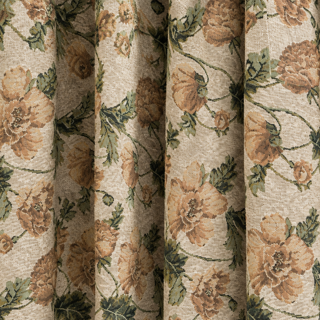 Close-up of Wildflower Harmony Curtain woven jacquard: tan-peach wildflowers and dark green leaves on beige