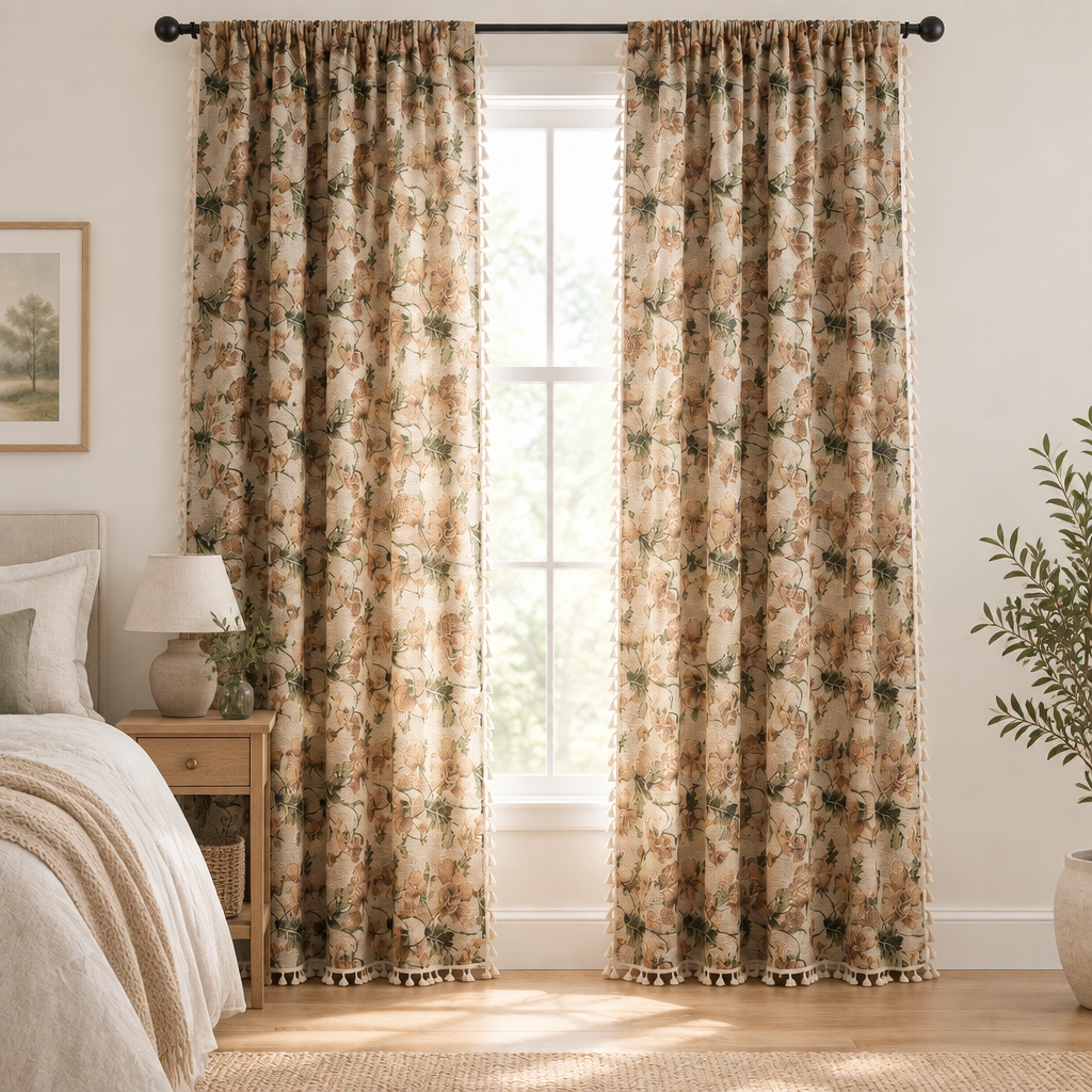Wildflower Harmony Curtain drawn closed in a bedroom, beige floral jacquard filtering soft daylight