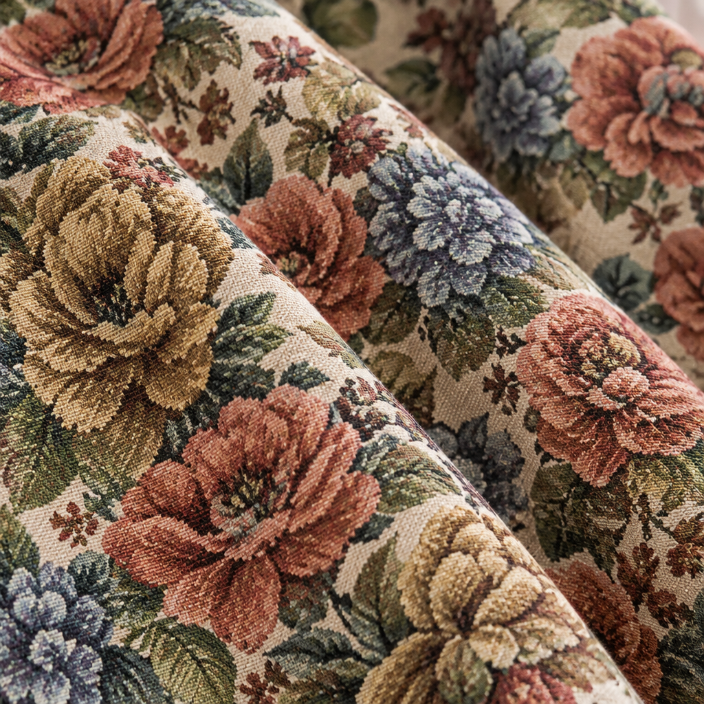 Heritage Rose Bloom Tassels Curtain close-up of the woven rose and hydrangea tapestry jacquard