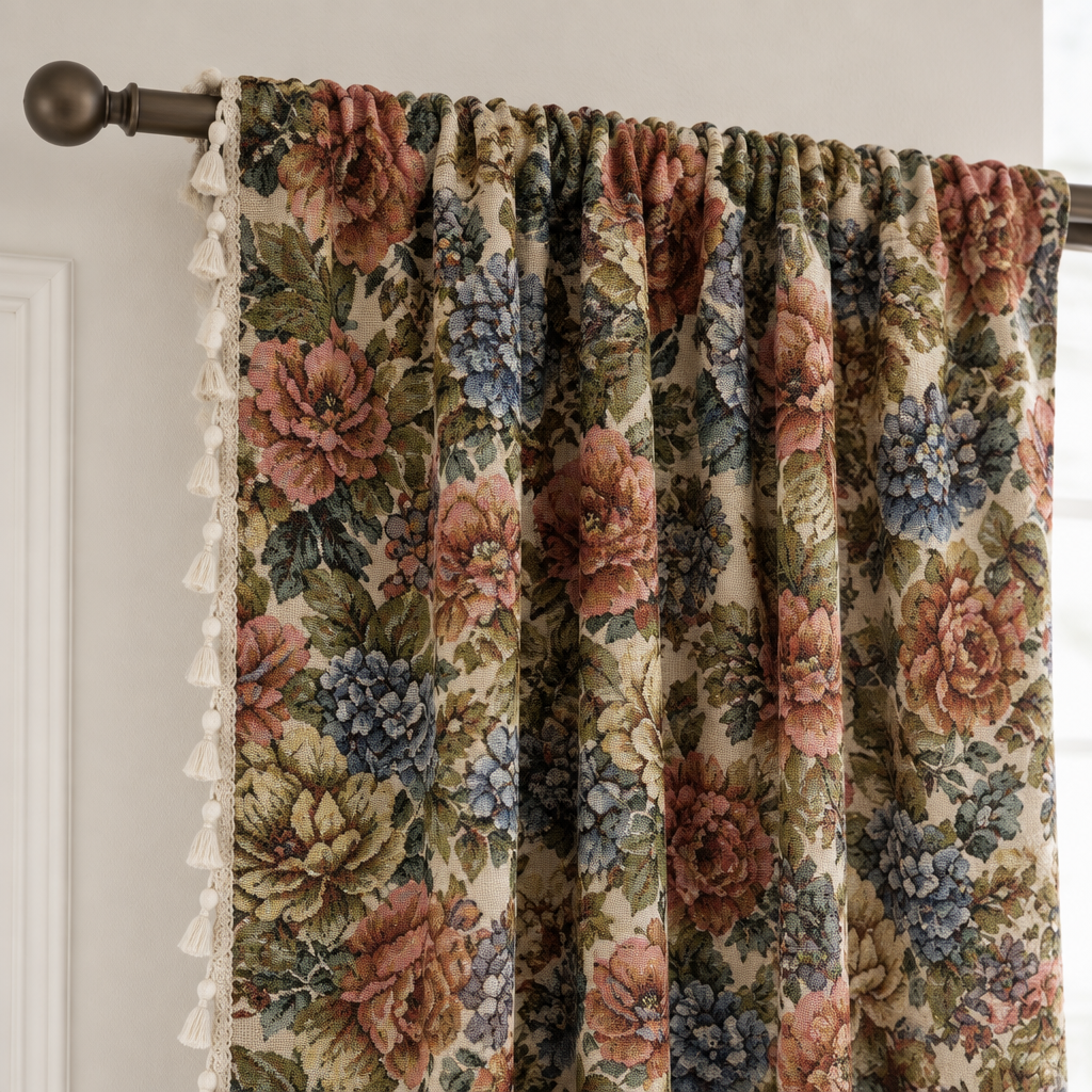 Heritage Rose Bloom Tassels Curtain rod pocket top gathered on a curtain rod
