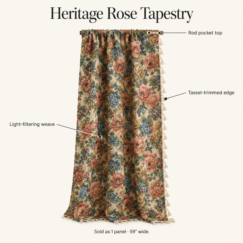 Heritage Rose Bloom Tassels Curtain features: rod pocket top, tassel-trimmed edge, light-filtering weave, sold as 1 panel 59 inches wide