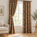 Heritage Rose Bloom Tassels Curtain, rose floral tapestry panels in a bright living room, one tied back