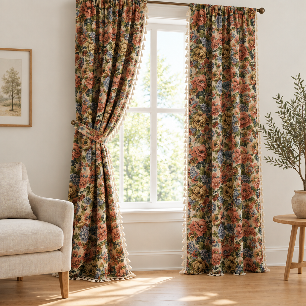 Heritage Rose Bloom Tassels Curtain, rose floral tapestry panels in a bright living room, one tied back