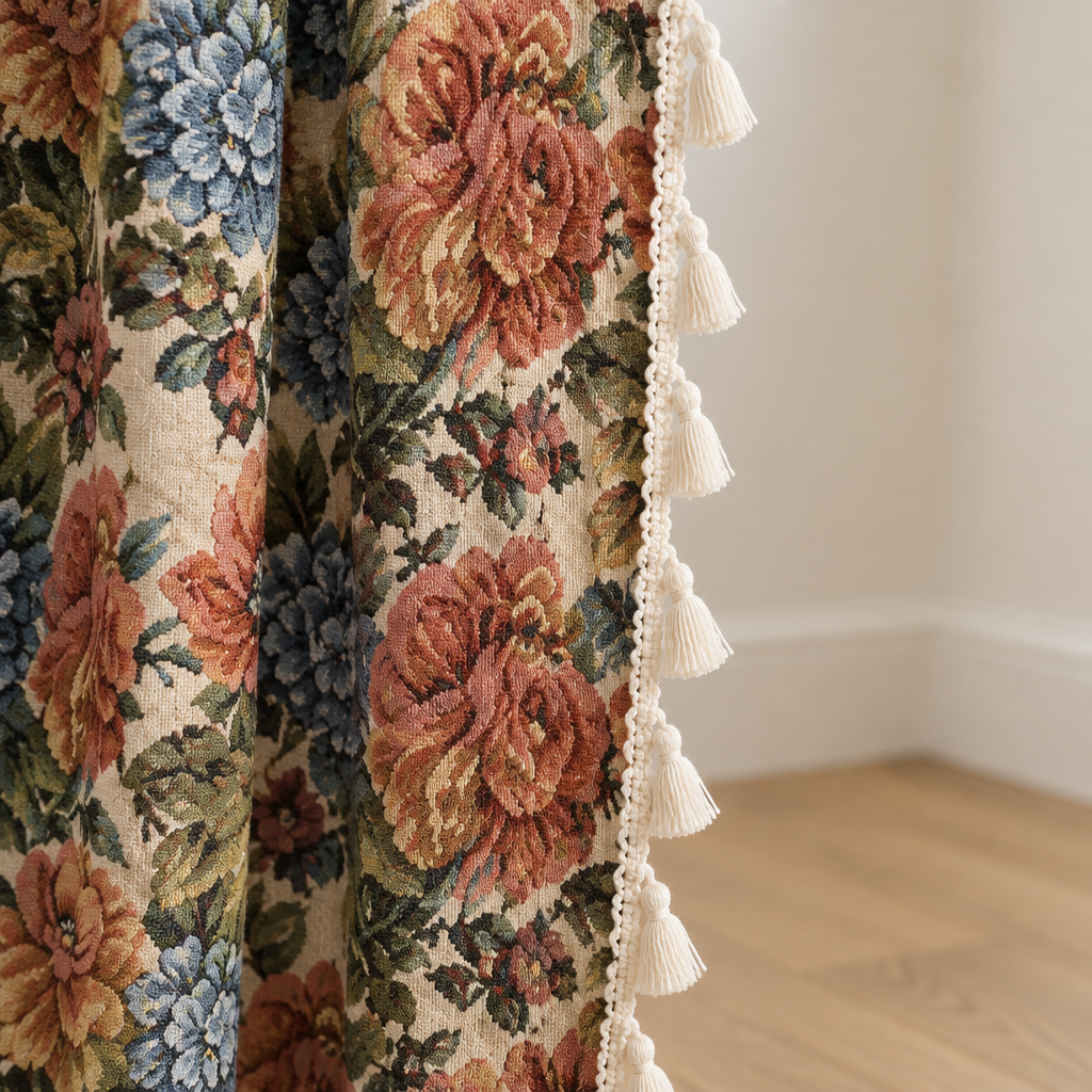 Heritage Rose Bloom Tassels Curtain close-up of the cream tassel fringe along the floral tapestry edge