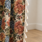 Heritage Rose Bloom Tassels Curtain close-up of the cream tassel fringe along the floral tapestry edge
