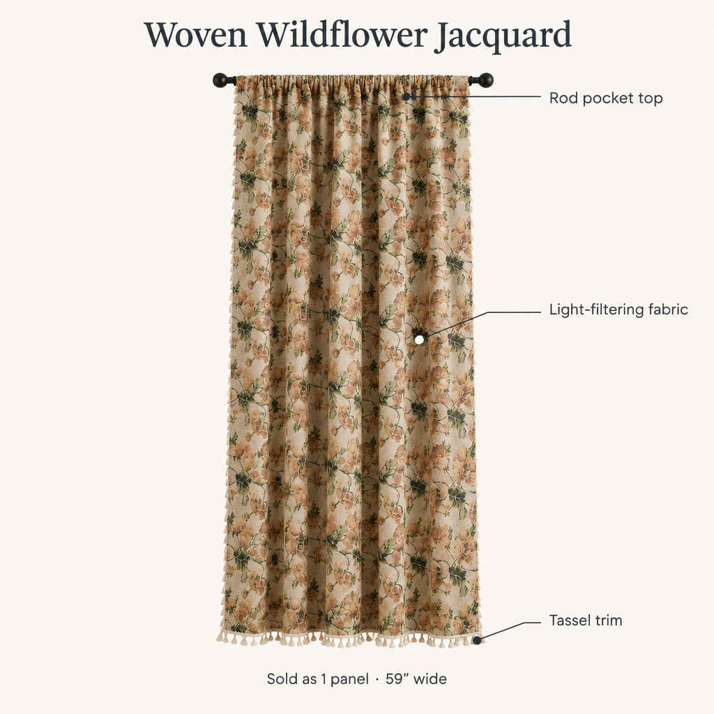 Wildflower Harmony Curtain features: rod pocket top, light-filtering woven jacquard, tassel trim, sold as 1 panel 59 inches wide