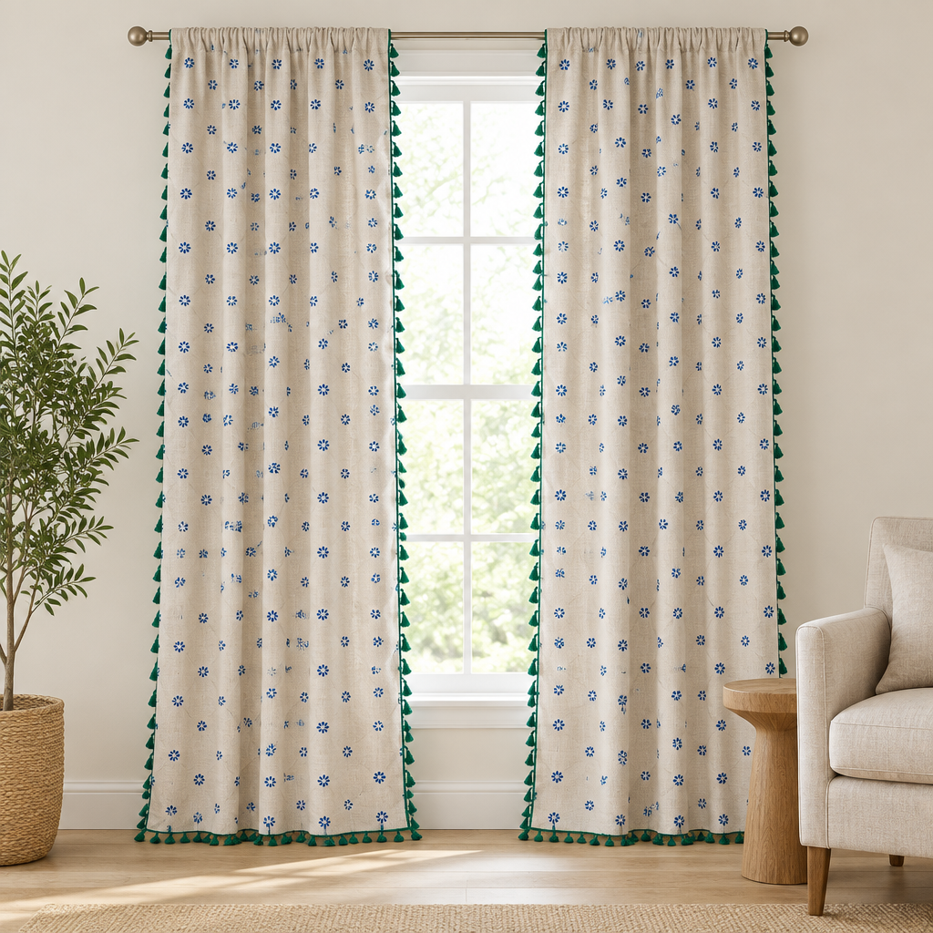 Cottage Petals Tassel Curtain in natural beige with blue daisy print and green tassel trim, two panels hanging floor-length at a tall white window