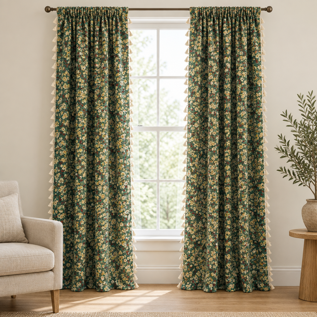 Noveau Ditsy Floral Tassel Curtain in Emerald Bloom, green ditsy floral panels hanging full length at a tall white window