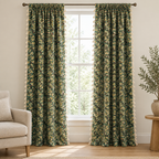 Noveau Ditsy Floral Tassel Curtain in Emerald Bloom, green ditsy floral panels hanging full length at a tall white window