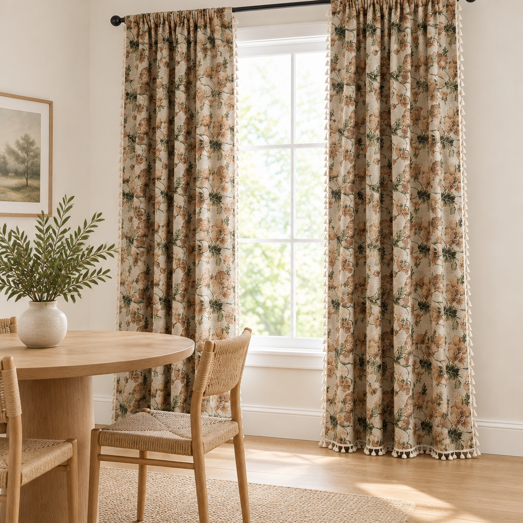 Wildflower Harmony Curtain panels open at a dining room window, beige jacquard with tan wildflowers and green leaves