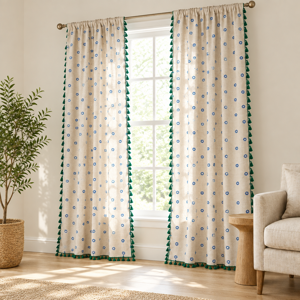 Cottage Petals Tassel Curtain filtering soft morning light in a bright living room, three-quarter view