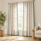 Cottage Petals Tassel Curtain filtering soft morning light in a bright living room, three-quarter view