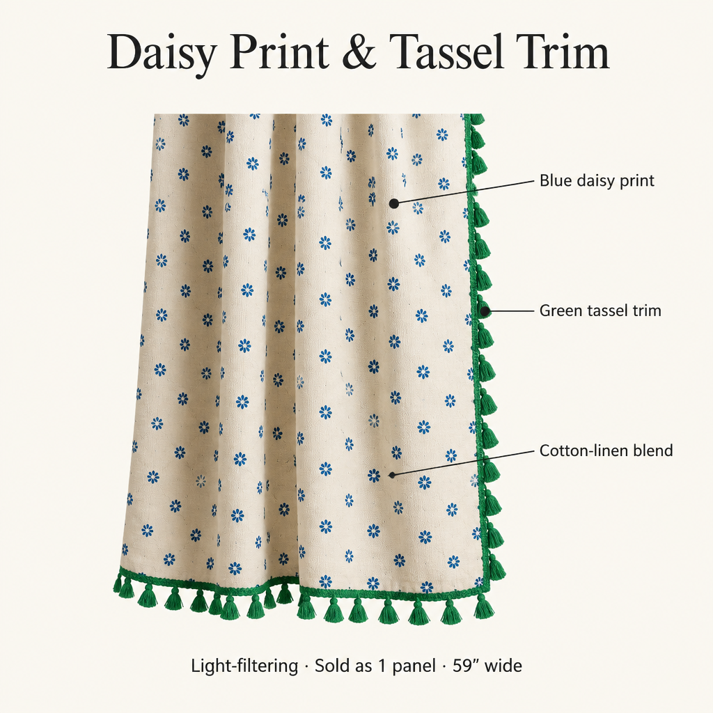 Cottage Petals Tassel Curtain features: blue daisy print, green tassel trim, cotton-linen blend, sold as 1 panel 59 inches wide