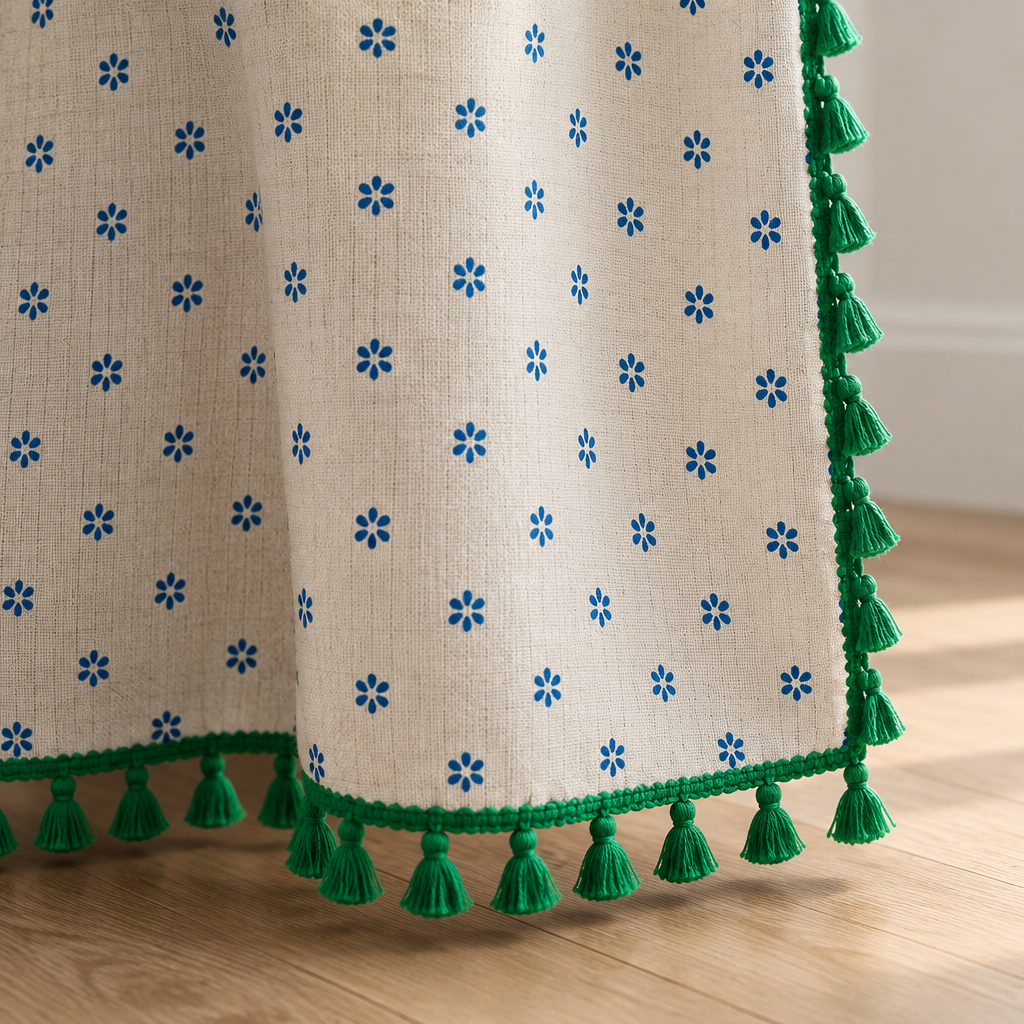 Cottage Petals Tassel Curtain hem corner with green tassel trim above an oak floor